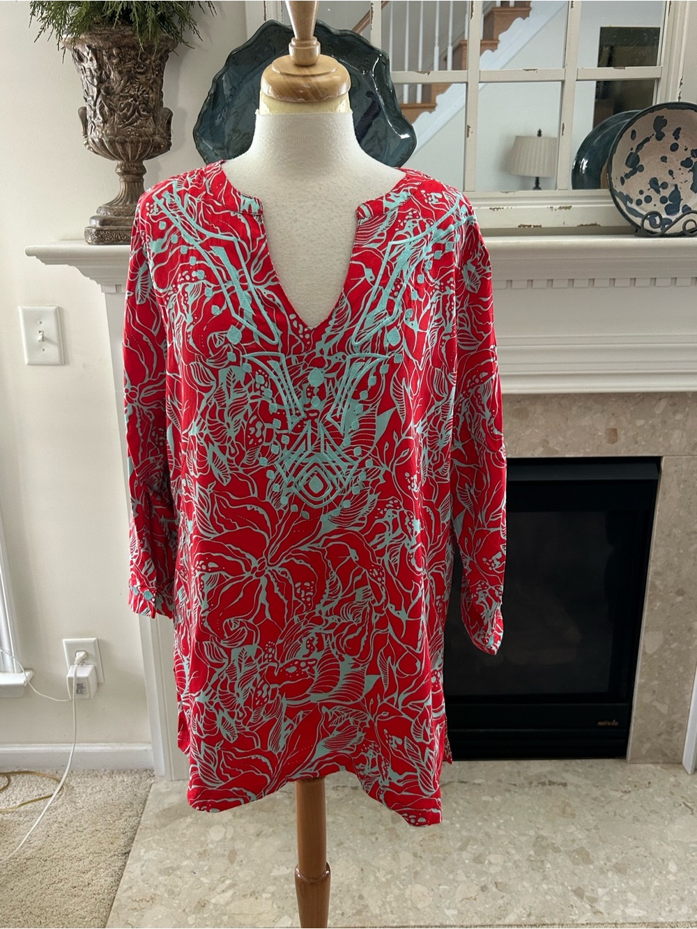 escapada Red Floral V-Neck Tunic with Aqua Print